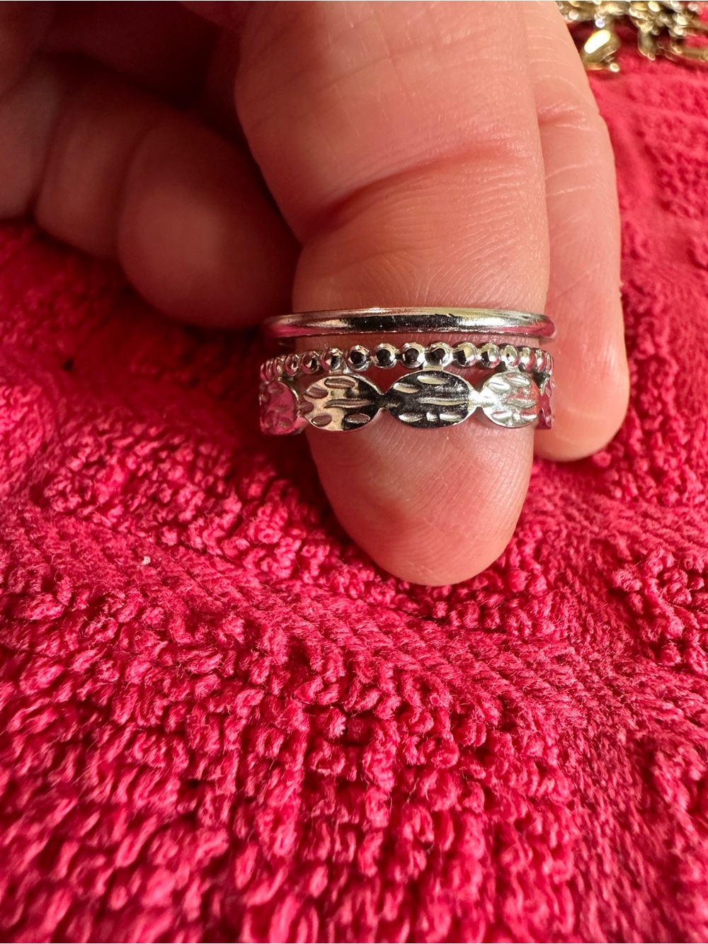 Silver Tone Stacking Ring Set with Textured Band stainless steel - Pink Accent